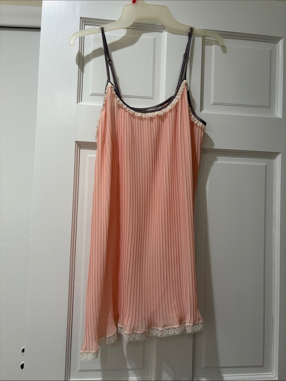 Flora Nikrooz. Women's Pleated Peach Slip Dress with Lace Trim